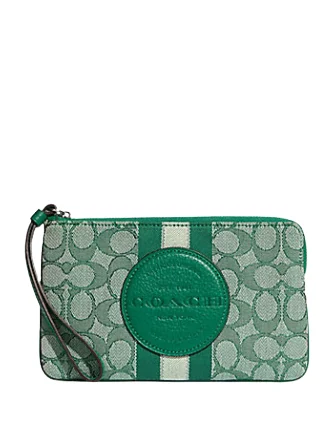 Coach bags with a patent - leather finish for a shiny and sophisticated appearanceCoach Dempsey Large Corner Zip Wristlet In Signature Jacquard With Stripe And Coach Patch