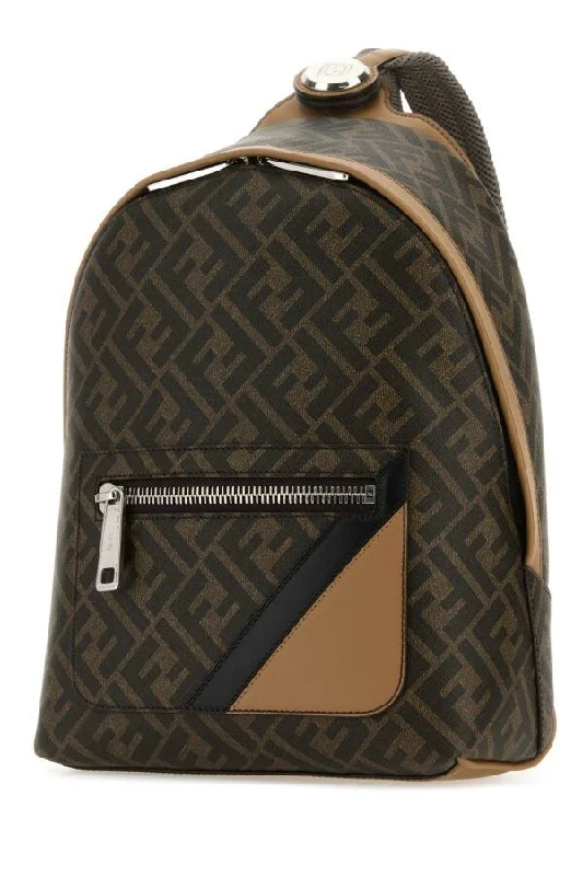 Fendi bags with a patent - leather finish for a shiny and sophisticated appearanceFendi Man Multicolor Canvas And Leather Small Fendi Chiodo Diagonal Backpack