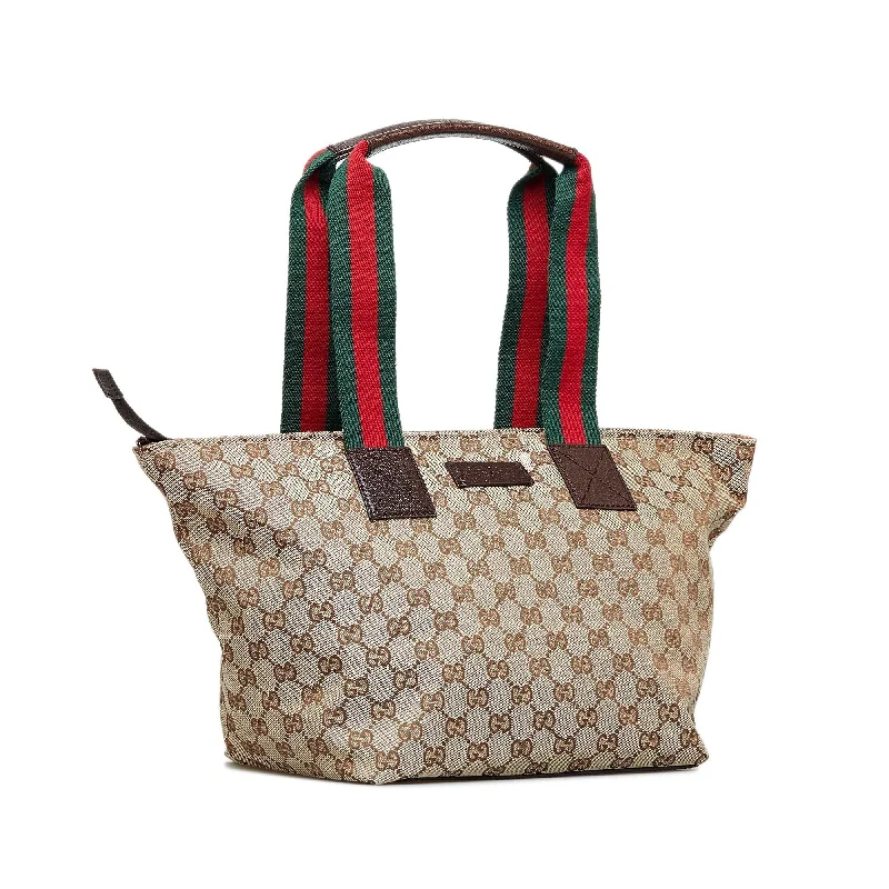 Women Gucci bags with a front - flap pocket for quick - access itemsGucci GG Canvas Web Tote (SHG-V3zgvm)