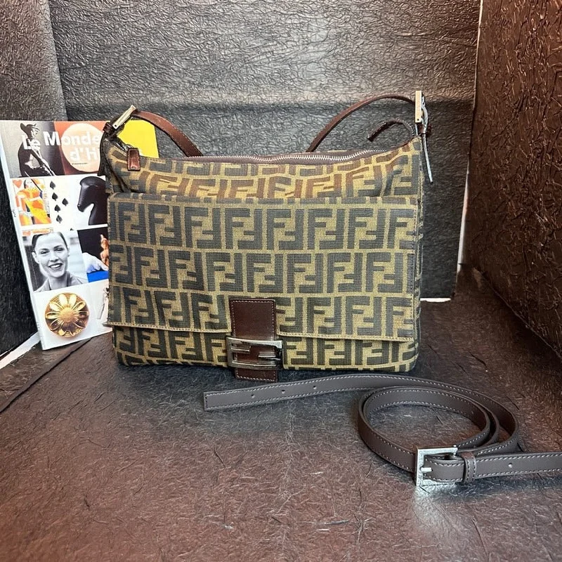 Fendi handbags with a glow - in - the - dark FF logo for a fun and unique featureFendi Flap Magnetic Snap Canvas Leather Patchwork Bag Brown Medium