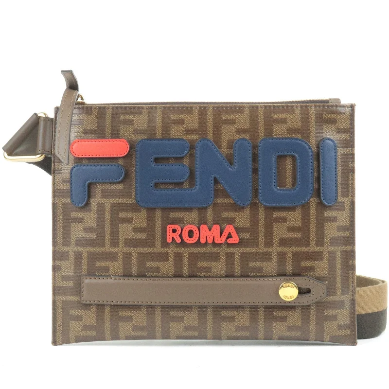 Ladies Fendi shoulder bags with a tassel - decorated zipper for added charm and styleFENDI FILA Collab Zucca PVC Leather Shoulder Bag Brown 7VA437