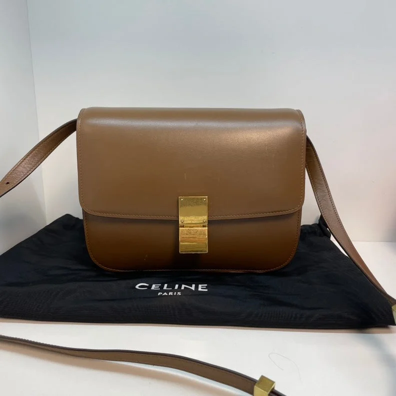 Faux Fur - Trimmed Celine Bags for Winter EleganceCeline Box Classic Brown Smooth Calfskin Crossbody Bag