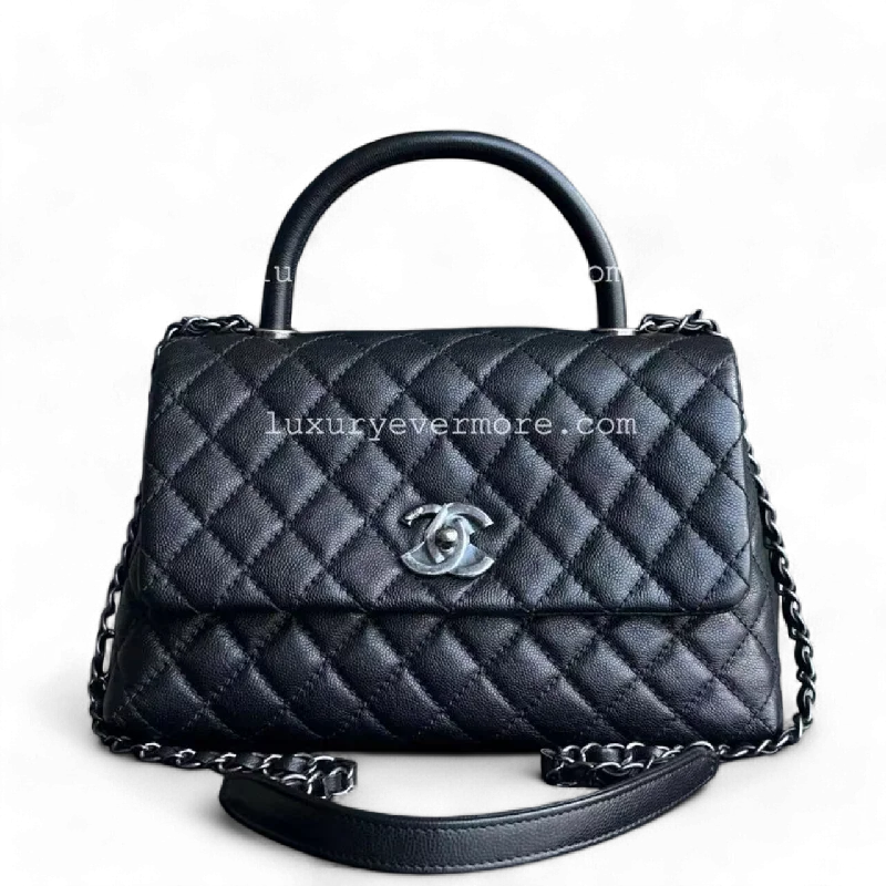 Chanel Quilted Leather Shoulder Bag for FashionistasChanel Coco Handle - Caviar Medium Quilted Black Ruthenium Sivler Hardware Series 22