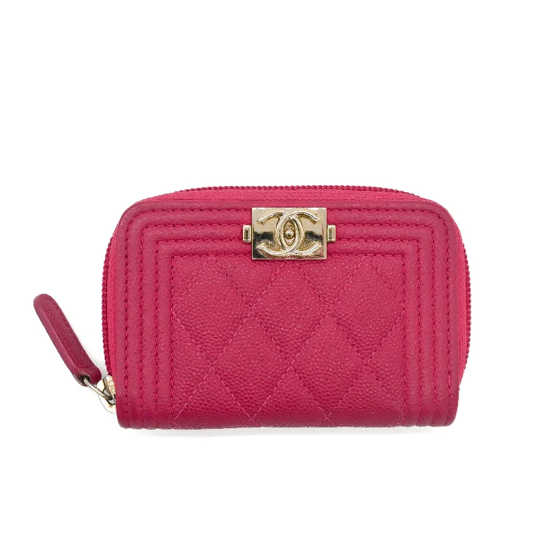 Chanel Handbag with Adjustable Strap for ComfortChanel Berry Red Caviar Boy Zip Around Coin Purse / Cardholder