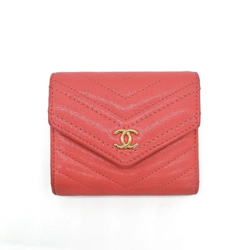 Chanel Handbag with Adjustable Strap for ComfortChanel Coral Pink Chevron Lambskin Trifold Wallet