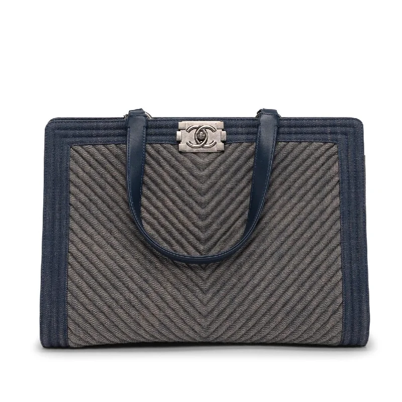 Chanel Small Crossbody Bag for TravelChanel Light Blue Chevron Denim Boy Tote