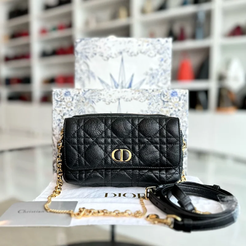 Christian Dior handbags with a back - pocket for quick storageCaro Pouch WOC Wallet On Chain Cannage Grained Calfskin Black GHW