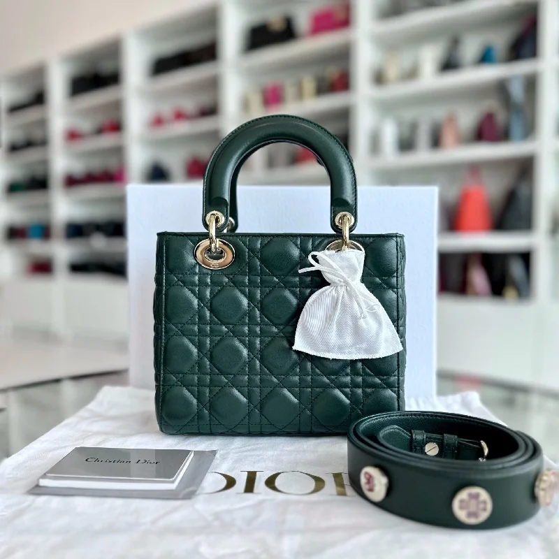 Christian Dior handbags with a removable shoulder strap for versatilityLady Small Lambskin Charm Badge Dark Green GHW